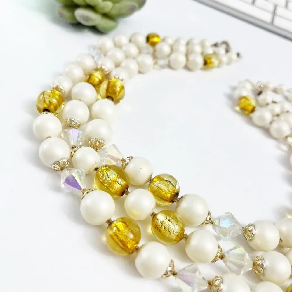Vintage Mid-Century 3-Strand Faux Pearl Gold & AB Necklace